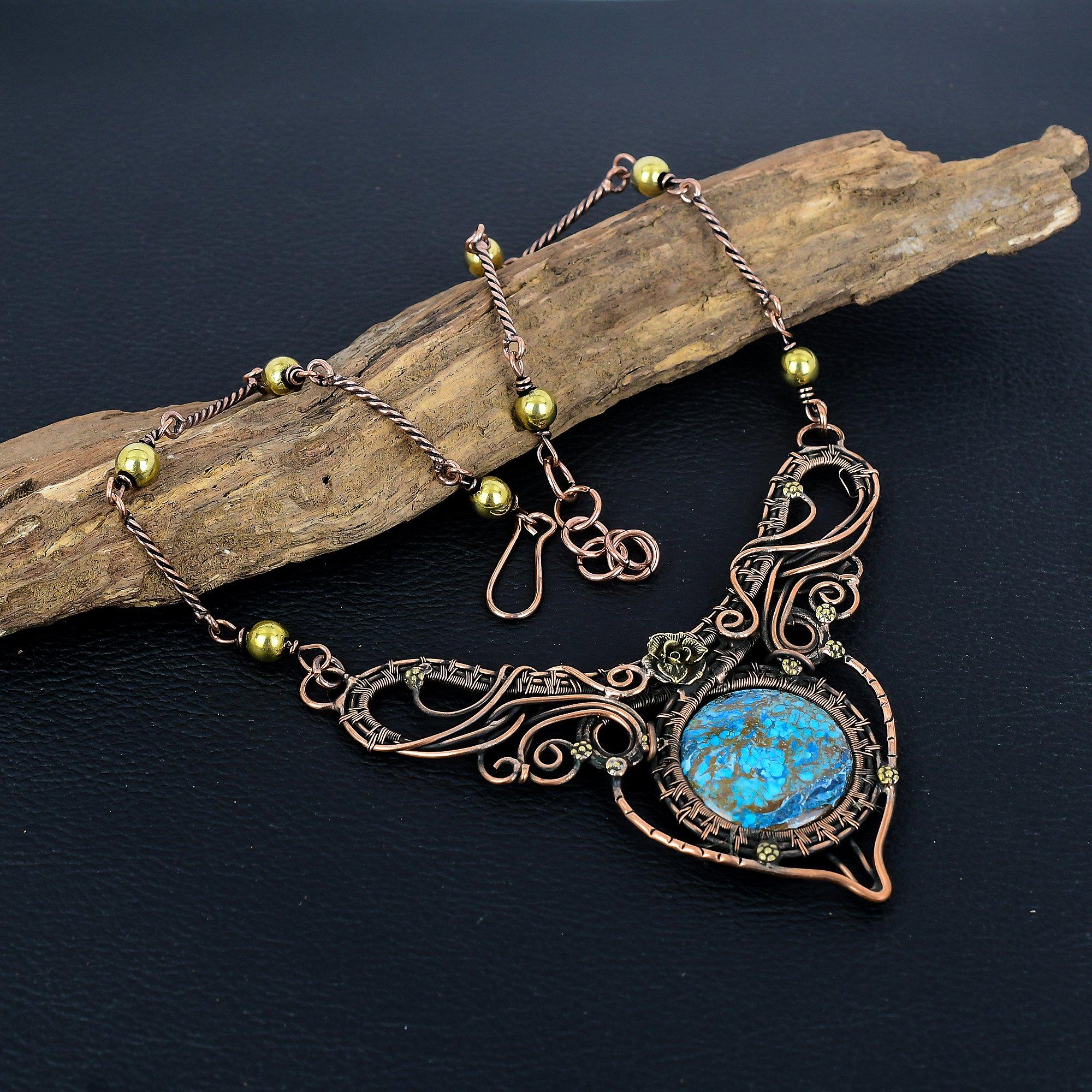 

Хризоколла Ожерелье из драгоценных камней ручной работы, Ожерелье, обернутое медной проволокой 999 пробы, Антикварные украшения, Для подарка на помолвку