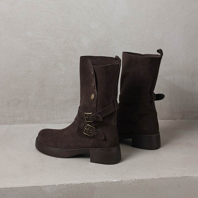 Krazing Pot Cow Suede Round Toe Thick Heels Motorcycle Boots Size 42 Back Zip Women Keep Warm Metal Button Mid-calf Boots