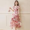 Women's Summer 2026 Chiffon Floral Print Dress with Waist-Cinched Design - French Style Mid-Length Fairy Dress