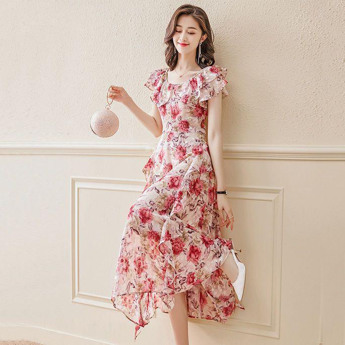 Women's Summer 2026 Chiffon Floral Print Dress with Waist-Cinched Design - French Style Mid-Length Fairy Dress
