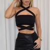 Women's Halter Neck Sleeveless Crop Top Slim Fit Crisscross Wrap Bandage Cami Top