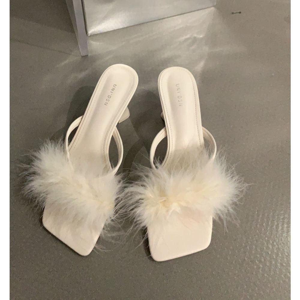 New Summer Transparent High Heels Fur Slippers Women Feather Sandals Peep Toe Mules Pumps Slides Party Shoes Pink