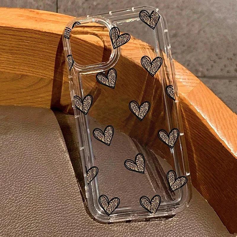 Creative Leopard Love Heart Pattern Case for IPhone 16 15 14 13 12 11 Pro Max XS X XR 8 7 Plus SE  Clear Air Cushion Cover