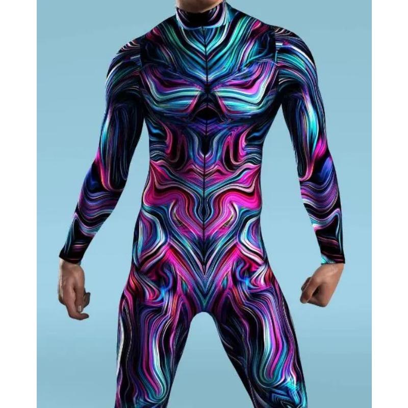 3D Printed Multicolour Cosplay Costume Men Women Front Zipper Zentai Bodysuit Halloween Party Jumpsuits Carnival Holiday Outfit