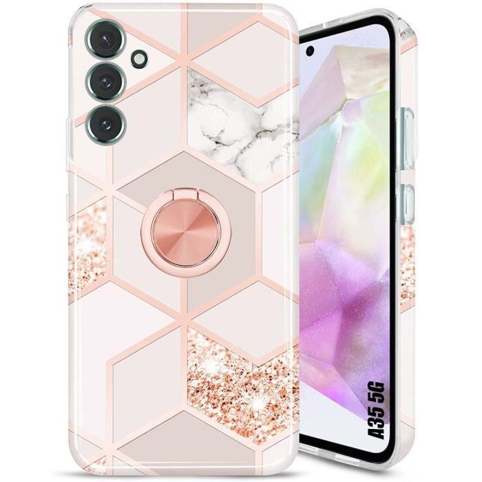 Coque - Motif Marbre Rose - pour Samsung Galaxy A35 5G - Protection Antichoc - Silicone - Support Rotatif 360°