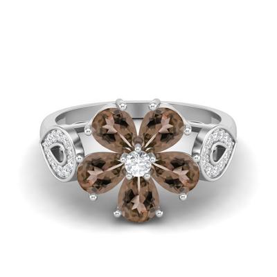 6X4mm Pear Shape Smoky Quartz 925 Sterling Silver Floral Art Deco Women Engagement Ring