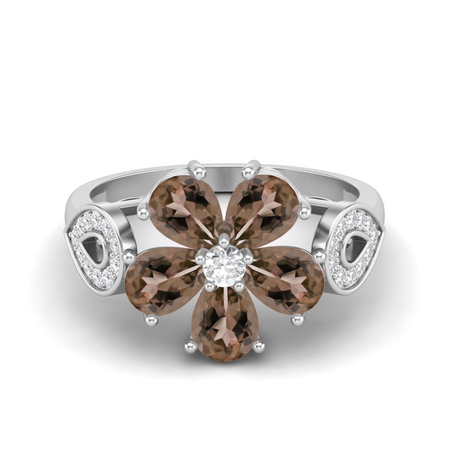 6X4mm Pear Shape Smoky Quartz 925 Sterling Silver Floral Art Deco Women Engagement Ring 6