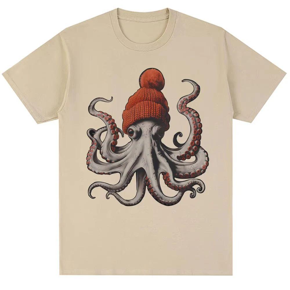 90s Vintage T Shirts Funny Octopus Wearing Beanie Printed TShirt N Fashion Oversized Cotton Casual ONeck Tshirts Unisex