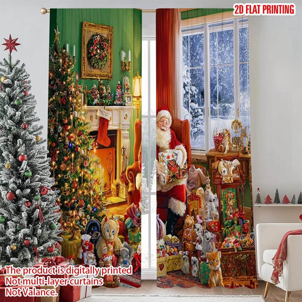 

Set Of 2 Flat Printing Merry Christmas Popular Window Drapes Santa Present Picture Art Polyester Without Electricity Curtains Made W100*H70(CM)-Hooks&1PCS