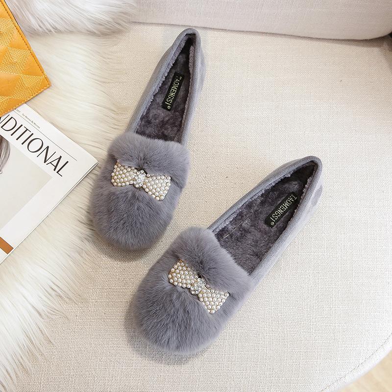 

Модные туфли большого размера 34-43 с помпоном из кроличьего меха, женские мокасины с совой и камнями, зимние плюшевые теплые ботинки, женские шерстяные балетки, женские хлопковые лоферы 6.5