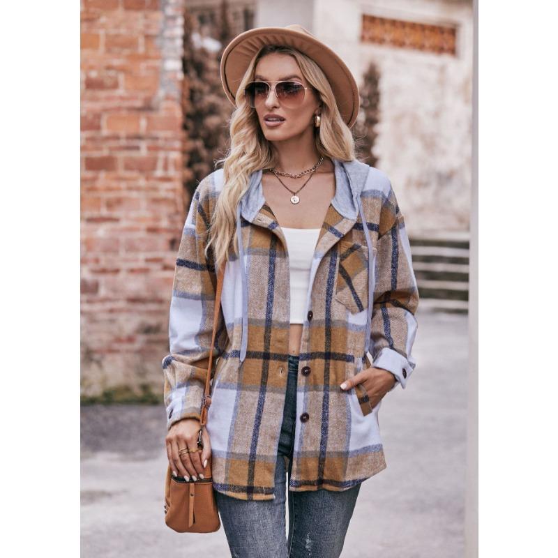 Autumn and Winter Hooded Casual Jacket Mid Length Checkered Women's Blouses & Shirts