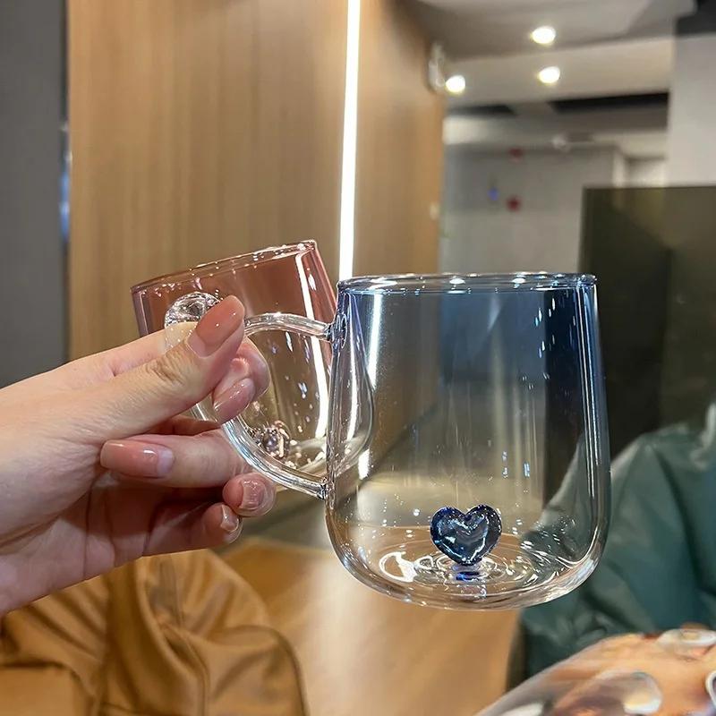 Cană de cafea din sticlă transparentă cu gradient de dragoste 3D de 400 ml. Suc de lapte Cuplu pereche Cupă pentru femeie, birou, ceai de după-amiază pentru petrecere.