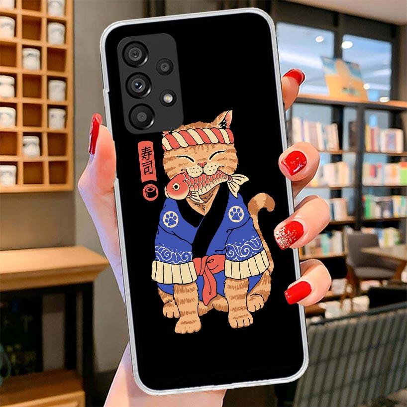 Ramen Sushi Samurai Tattoo Cat Phone Case For Samsung Galaxy A17 A37 A57 A16 A26 A36 A56 A15 A25 A35 A55 A14 A24 A34 A54 A13 A23