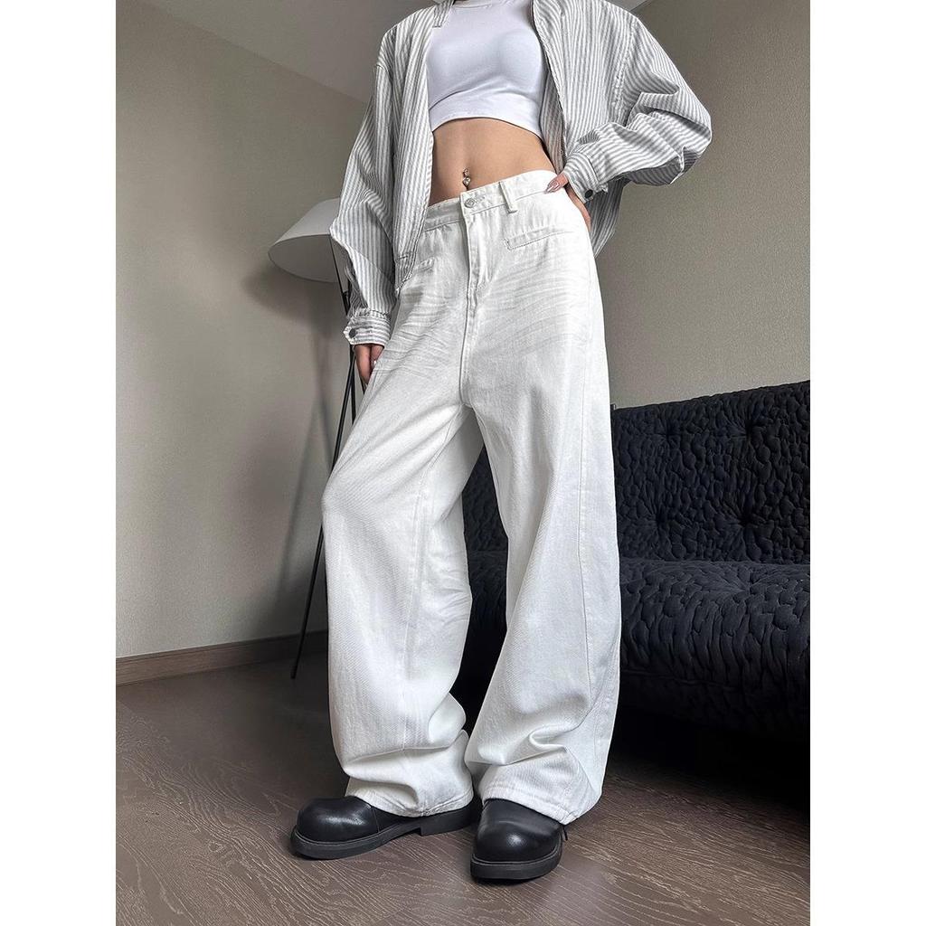 Women's Washed White Wide-Leg Jeans - Casual, Loose-Fit, Straight-Leg for Spring & Autumn