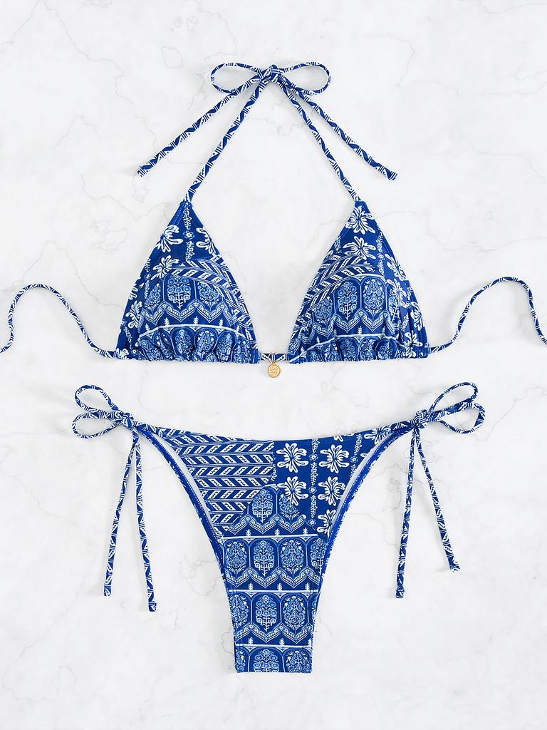 Damski strój kąpielowy z kwiecistą kokardką seksowna trójkątna torba wiązanie po bokach bikini z niską talią kostiumy kąpielowe kostiumy kąpielowe