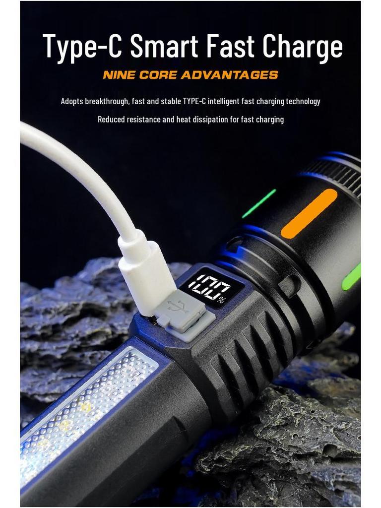 Rechargeable Type-C Flashlight with COB Side Light for Outdoor and Emergency Use