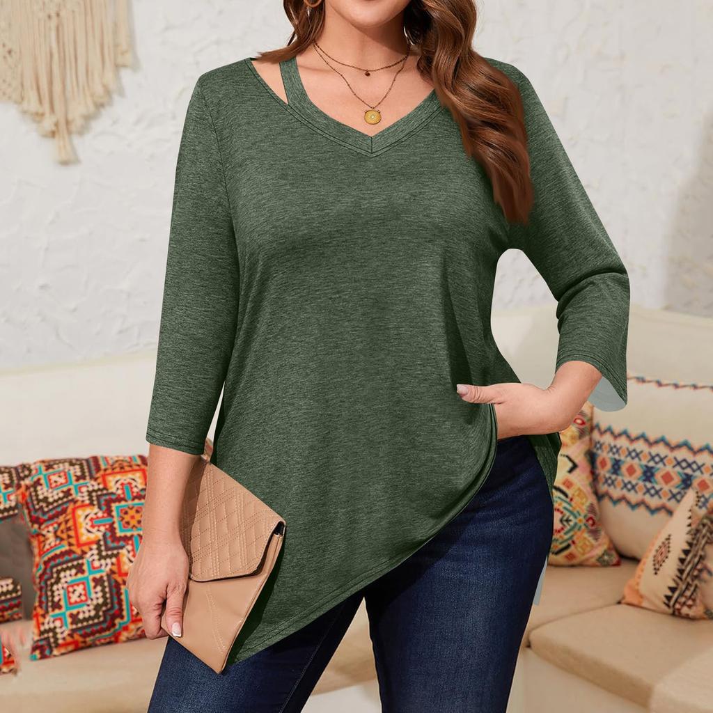 Women's Solid Color Plus Size Tops Hollow V Neck 3/4 Sleeve Shirt Elegant Casual Tops