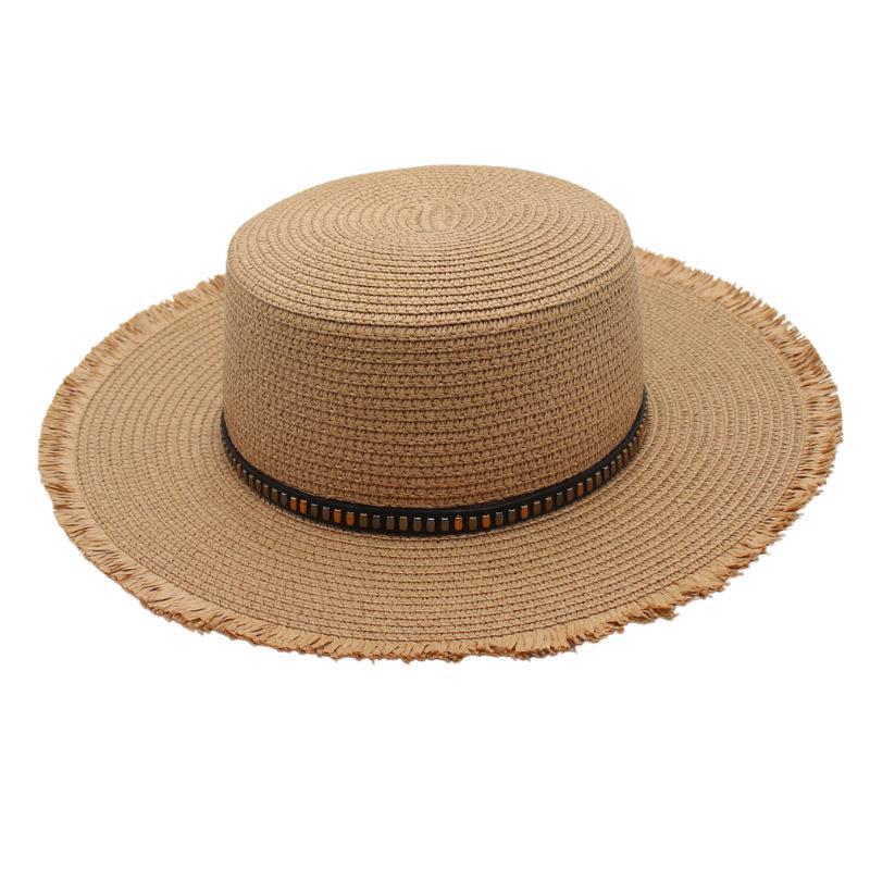 Beaded Flat Top Beach Hat Seaside Visor Rough Rafi Straw Hat Vacation Jazz Hat With Accessories