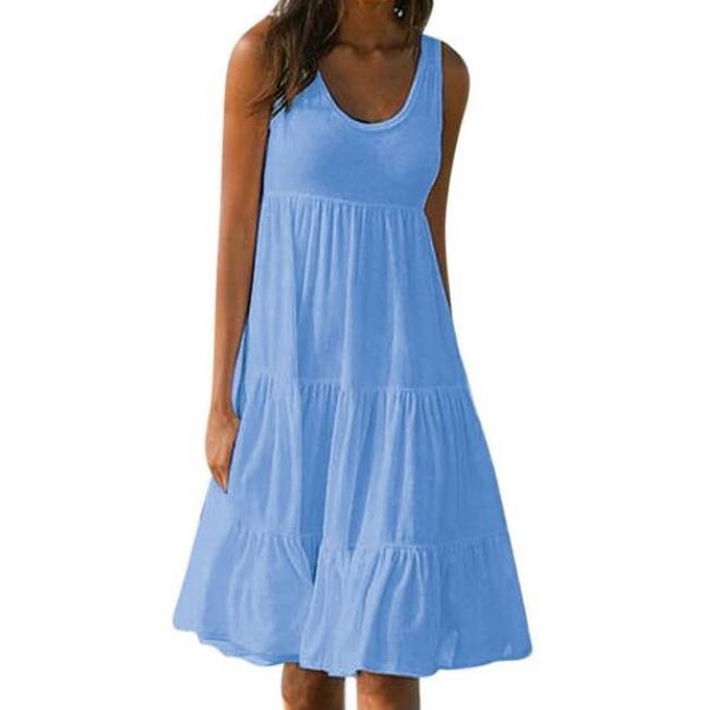 Summer Women's Plus Size Women O-Neck Sleeveless Ruffles Mini Dress Boho Solid Beach Sundress Oversized Loose Dress