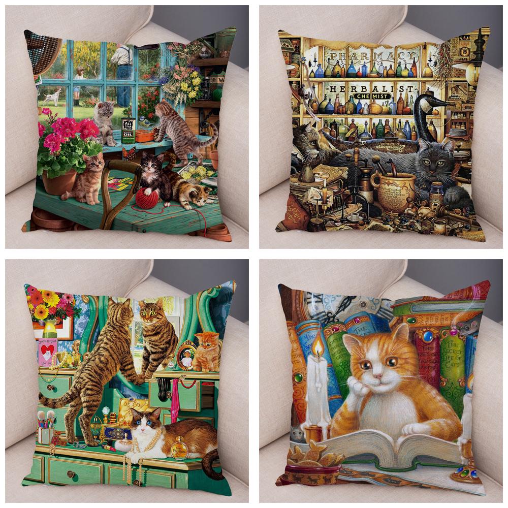 Oil Painting Color Cat Cushion Cover Pillowcase Home Decor Cartoon Animal Sofa Pillowcase Pillowcase Aesthetics