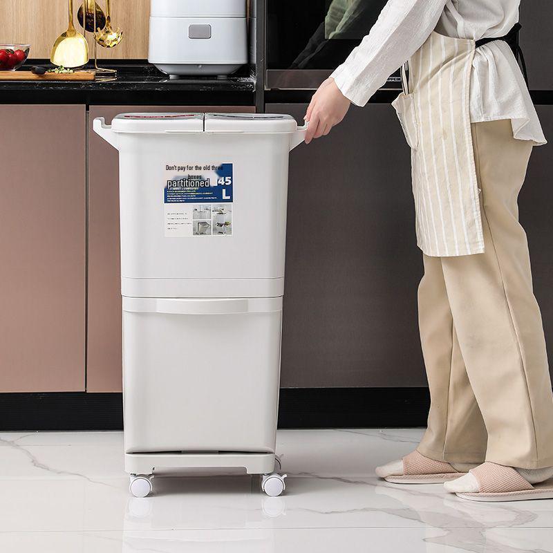 Large Capacity Double Layer Movable Kitchen Trash Bin with Dry/Wet Separation
