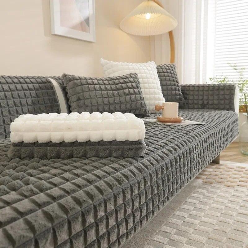 INS Ruit Dik Pluche Bankhoes Antislip Winter Warm Bankhanddoek Mat Wit Grijs Kleur L-vormige Bankhoes voor Woonkamer
