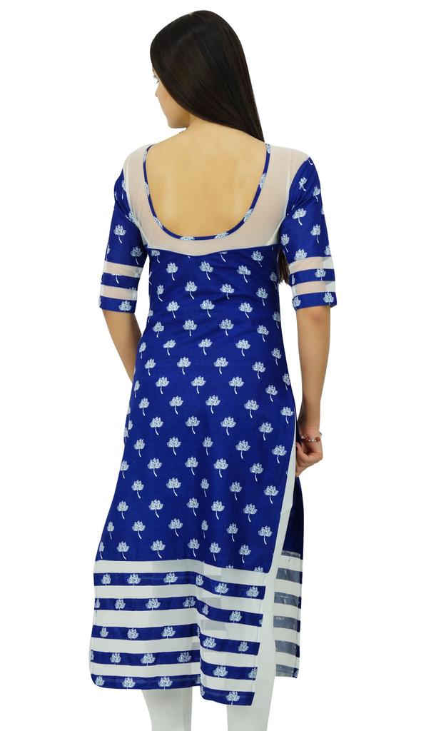 Bimba Womens Designer Blue Cotton Kurta Long Straight Kurti Classic Chic Indian