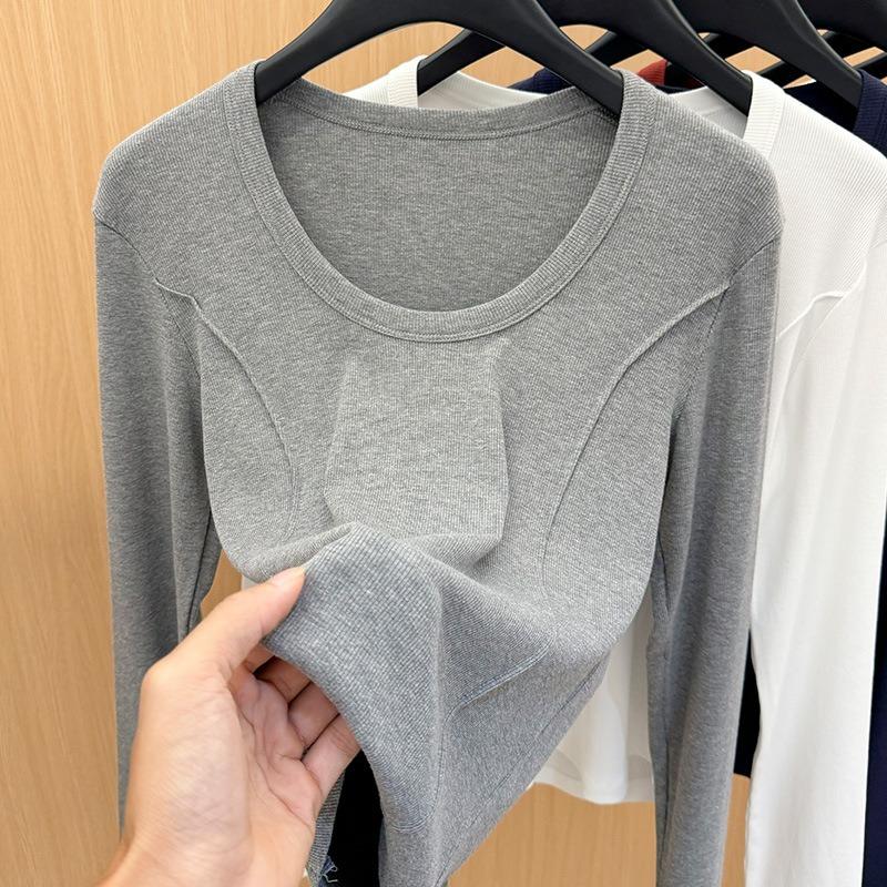 Simple front shoulder long-sleeved t-shirt women's spring new women's clothing slim-fit round neck t-shirt fish bone waist top