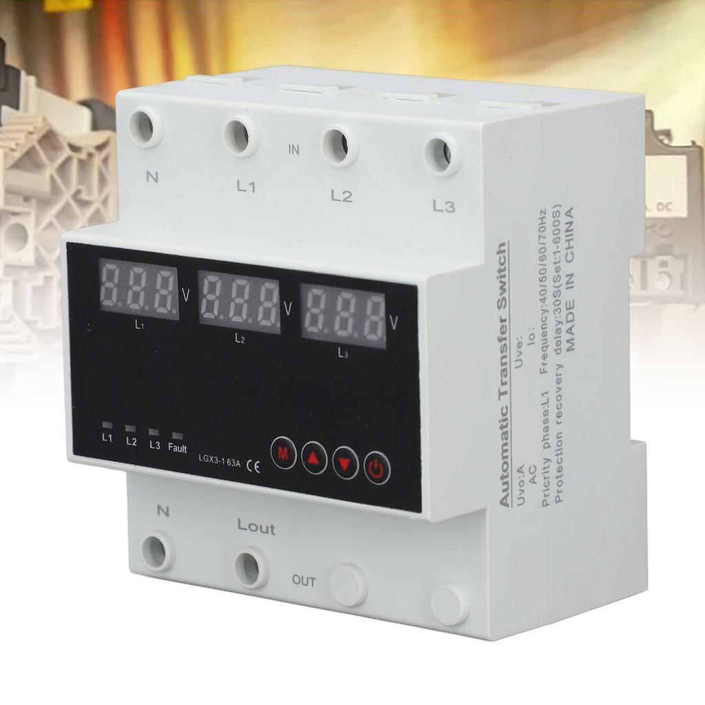 Automatic Transfer   DIN Rail Mounted 3 Phase   LED Display Under Over Voltage Protector