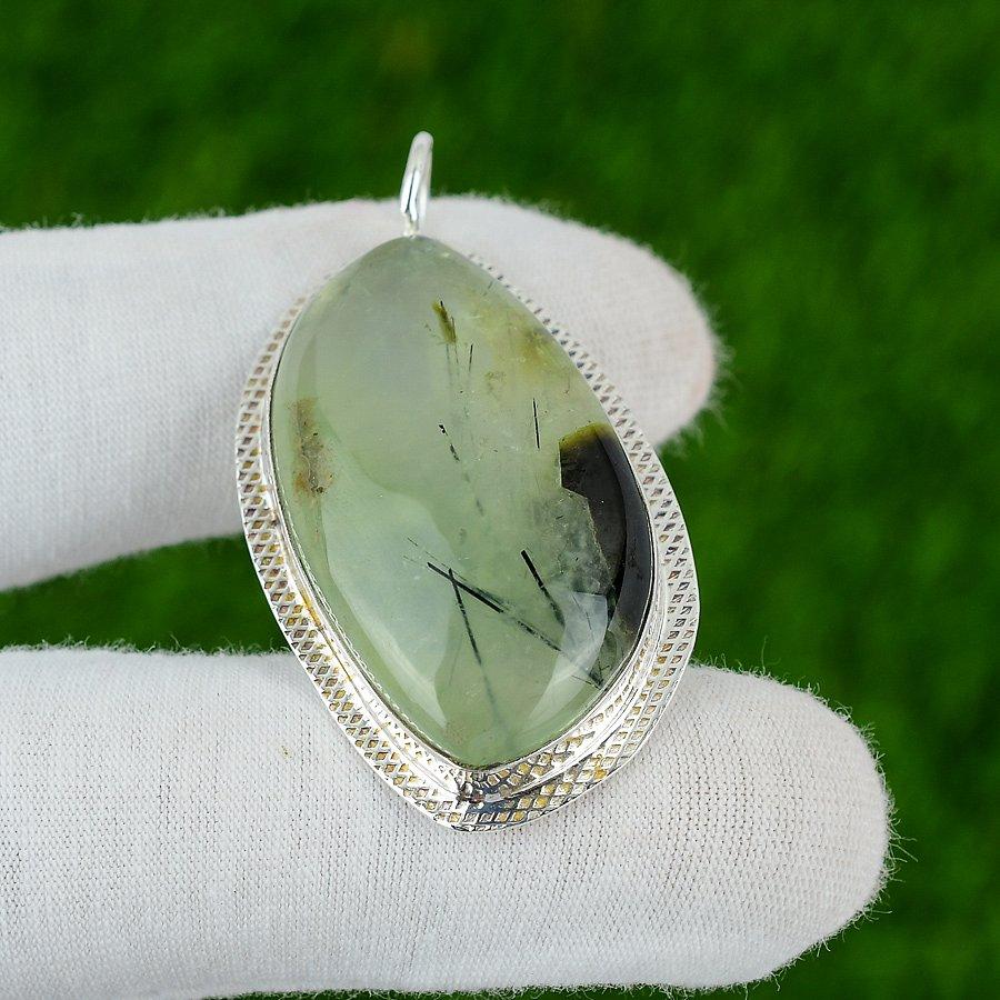Natural Moss Prehnite Gemstone Pendant Green 925 Sterling Silver Indian Jewelry