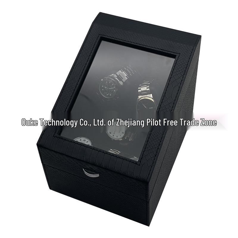 In Stock Snake Skin Leather 3-Slot Automatic Watch Winder with Lid and 3 Storage Compartments, 5-Speed.