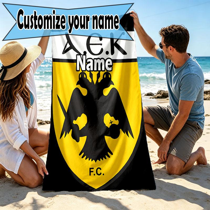 Custom Name Personalized AEK Athens FC Print Beach Towel, for Trip Camping Beach Party Home Decor, Birthday Gift for Family & Friends