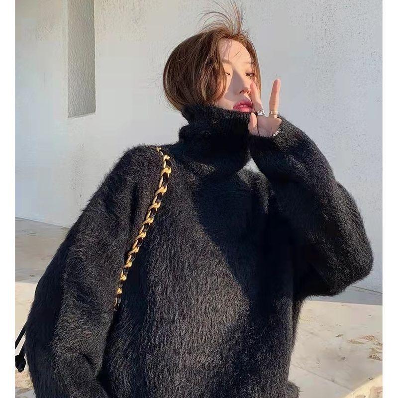 

Норковый свитер с высоким воротом для осени и зимы, свободный новый свободный низ, утолщенный трикотажный верх премиум-класса XL чёрный