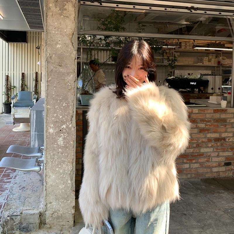Winter New Elegant Long Sleeve Fox Fur Jackets Women Fashion Vintage Slim Plush Warm Casual Coats Women Solid Loose Office Ladies Jacket Tops 25879