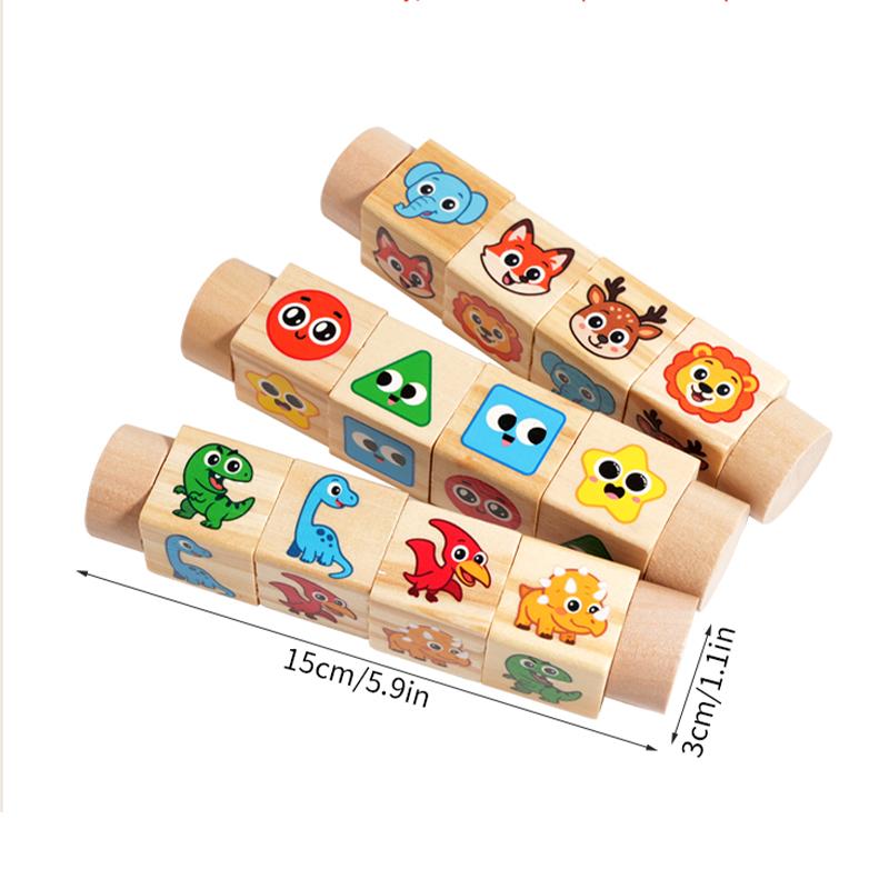 Wooden Rotating Matching Building Block Toy Animal Dinosaur Shape Color Classification Game Educational Toy With Challenge Card