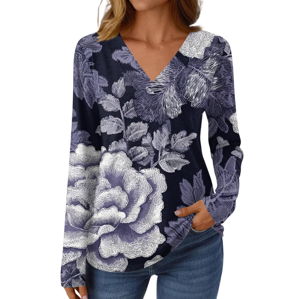 Women's Casual Fashion Brushed Retro Floral Print Long Sleeve V-Neck Top T-Shirt