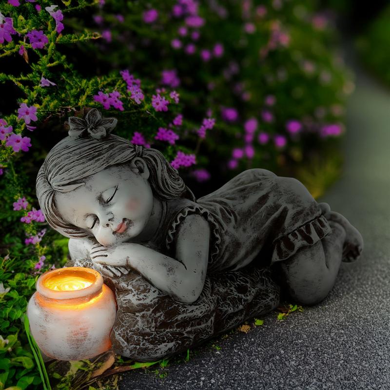 Garden Resin Child Sculpture Cute Resin Little Boy Girl Statue Solar Sculpture Indoor Outdoor Flower Bed Ornaments Photography