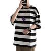 Men Summer T-shirt Striped Color Matching Half Sleeves Round Neck Loose Japanese Style Casual Daily Wear Teenager Streetwear Spring Top
