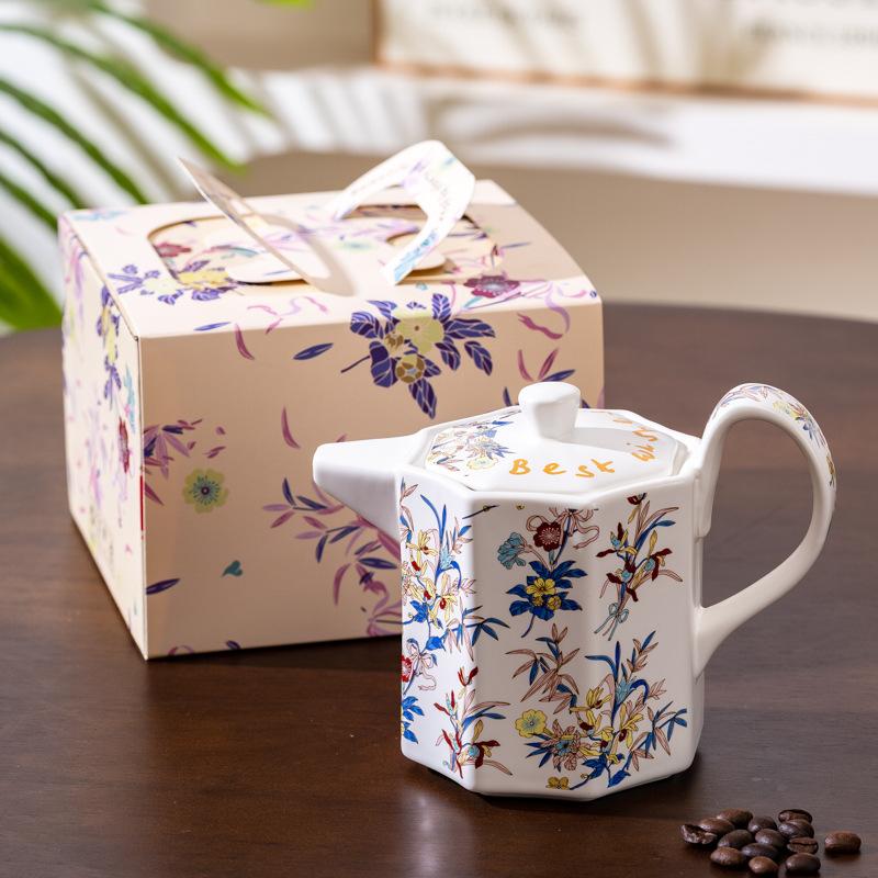 Delicate Flower Love Coffee Cup Saucer Ceramic Teapot Gift Box Set Housewarming Newlyweds Women'S Day Girlfriends Birthday Gift