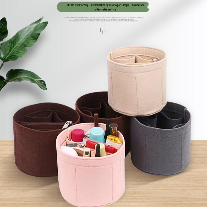 

Round Barrel Felt Makeup & Storage Bag with Large Capacity and Multi-Compartment Inner Liner Pink; 15x15 cm; Simple Style