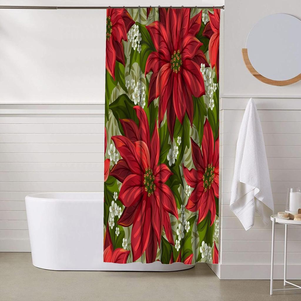 Red Christmas Poinsettia Flower Shower Curtain Set with  Hooks, Waterproof Polyester Fabric Bathroom Decor for Holiday Home