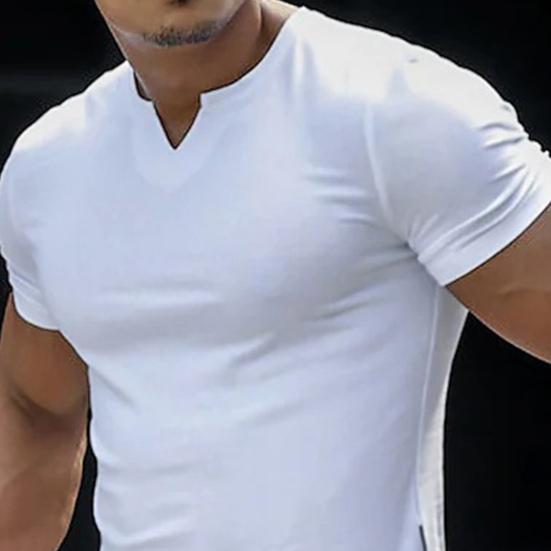 V-Neck Short Sleeve Arc Hem Men T-shirt Summer Solid Color Simple Tee Shirt Streetwear