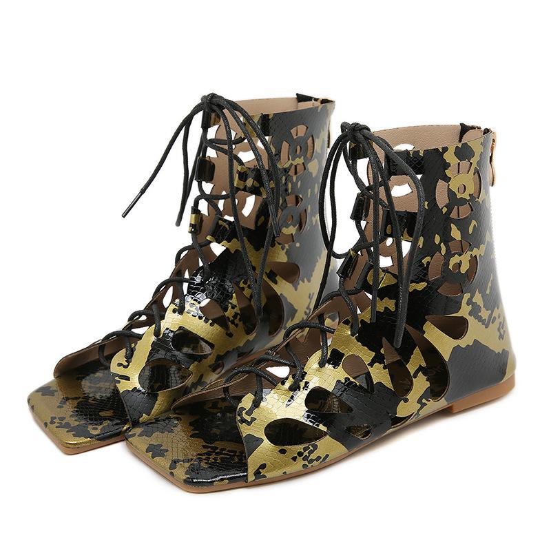 Fashion Gold 2025 Summer Gladiator Sandals Booties Flats Cut Hollow Out Studs Punk Square Head Sandals Ankle Boots Casual Shoes Zapatos