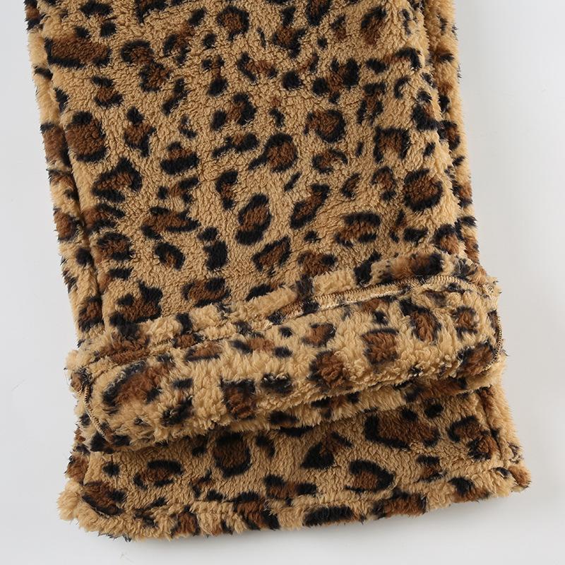 Women's Drawstring Tie Loose Personalised Leopard Print Plush Casual Elastic Low Waist Skinny Niche Straight Leg Pants