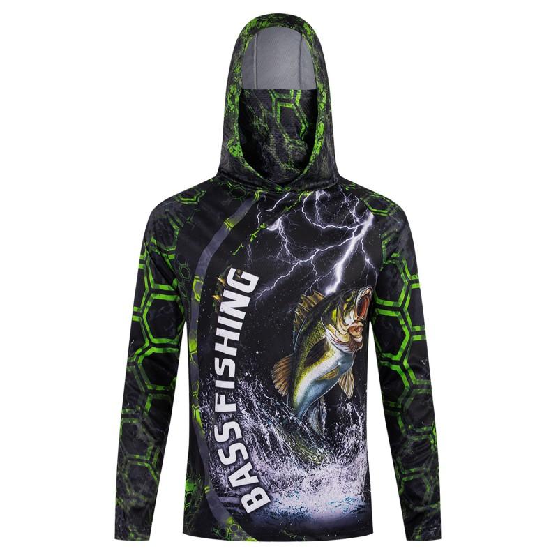 Mens UPF 50 Quick-Dry Fishing Hoodie With Face Cover Breathable Sun Protection Shirt Outdoor Angling Hiking Cycling