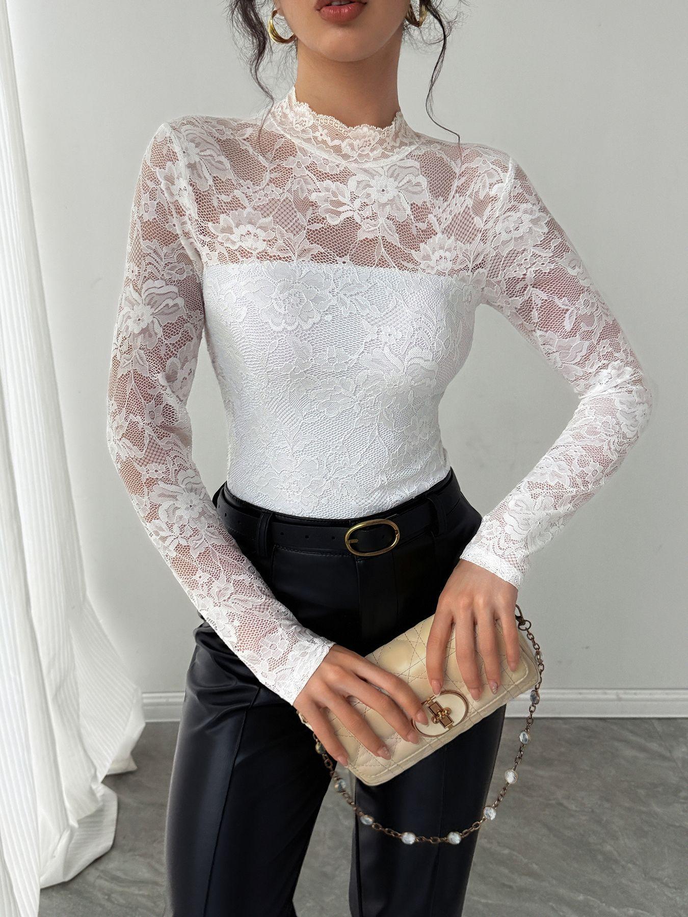 

Autumn Winter Lace Patchwork Back Zipper Long Sleeve Slim Flattering Top Women Fashion Daily Basic Office Lady Casual Slim Fit Ladies Elegant Top S белый