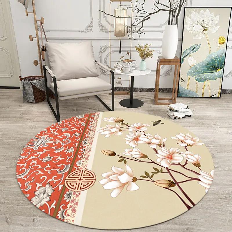 Chinese Classical Flowers Round Carpet Circle Area Rug for Study Bedroom Living Room Table Decor Soft Floor Mat Kitchen Doormat