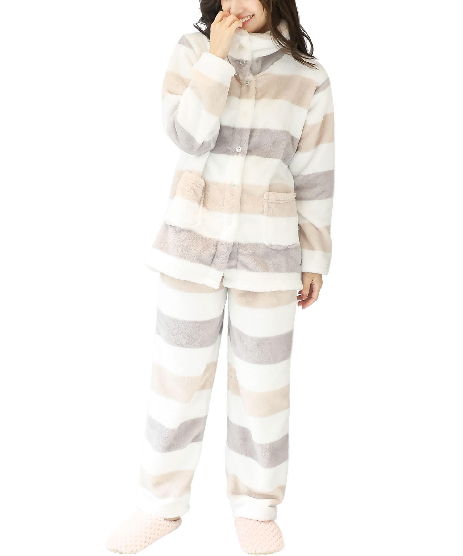 

ON NISHIKI Winter Long Top and Bottoms Long Loungewear Women s Pajamas, Sleeves, Warm, Fluffy, Front-Opening, Micro-Fur Set, 2-Way Collar, Pants,