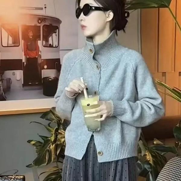 WTEMPO Stand Collar Long Sleeve Knitted Tops Casual Loose Button Cardigans Knitwear Women's Spring Autumn Elegant Sweater Coats