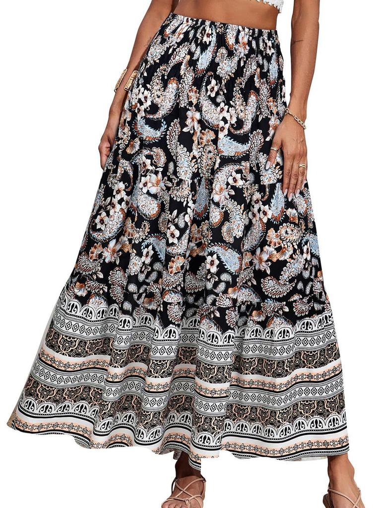 Neuer Bedruckter Maxi A-Linien Midi Rock Böhmischer Lässiger Hoher Bund Langes Kleid Strandrock für Damen